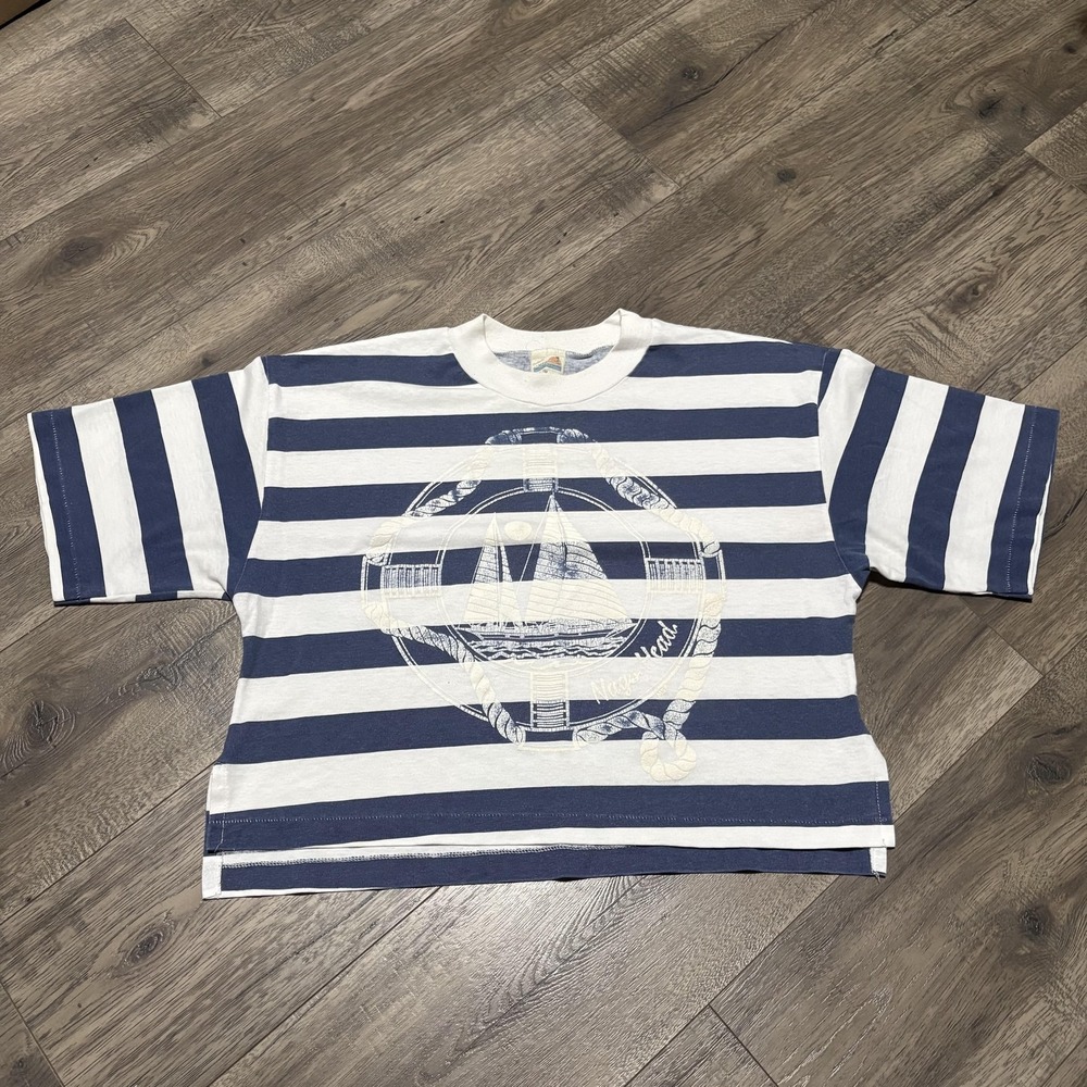 Vintage MSP Shirt Womens Cut Blue White Striped Nags Head Sailboat Graphic Tee